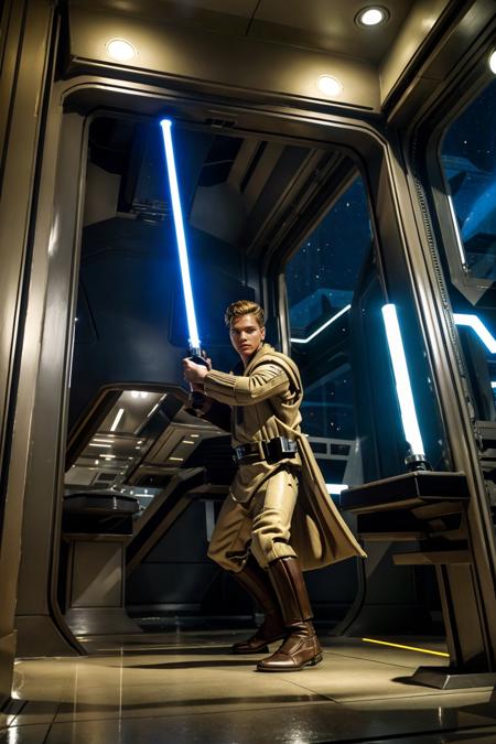 Star Wars, the corridor of a star wars imperial starship, LarsNorgaard, in jedioutfit, holding lightsaber, dynamic pose, masterpiece, (((full body portrait))), wide angle,  <lora:LarsNorgaard:0.8> <lora:jedioutfit:0.65>   <lora:starwars:0.7>