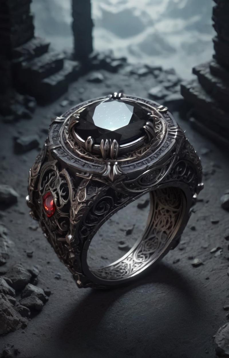 A close-up of an ornate ring with a large black stone and red accents.