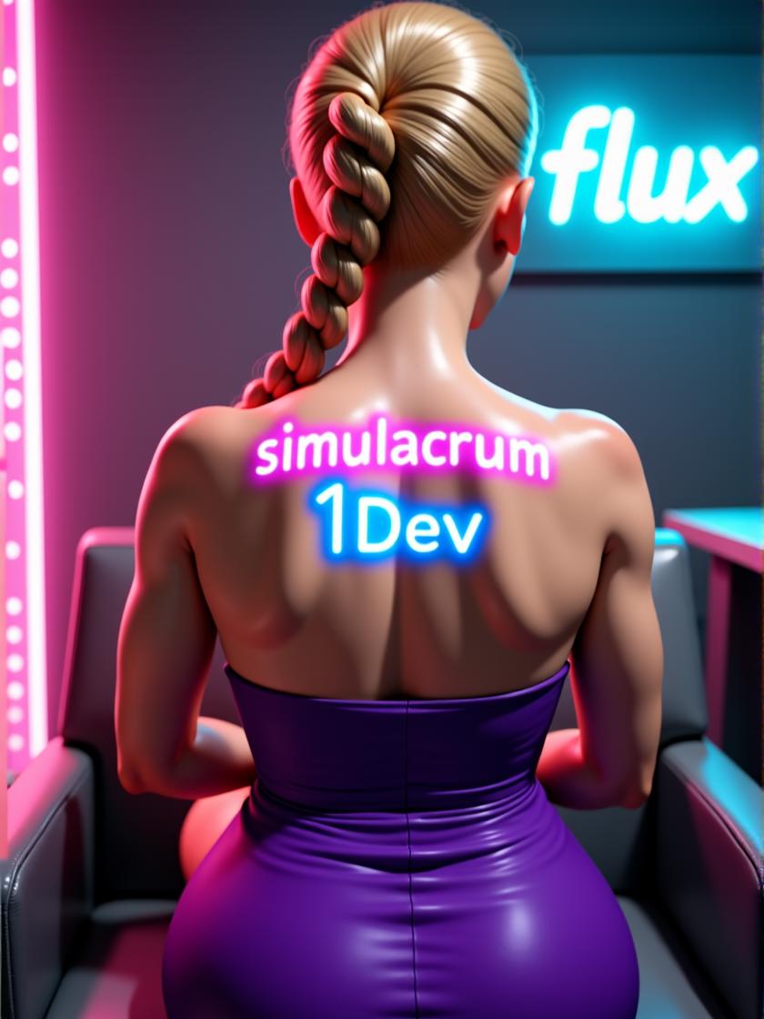 a blonde woman with high-ponytail braided hair from behind, mature female, bimbo, purple dress, on chair, her upper back is painted in neon pink "simulacrum v3" and directly below it painted on her middle back in a neon blue is the word "1Dev" the wall has a sign in the background with the word "flux" in bright neon green.