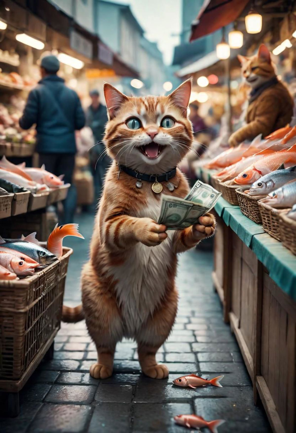 A cat holding a piece of money while standing in the middle of a fish market.