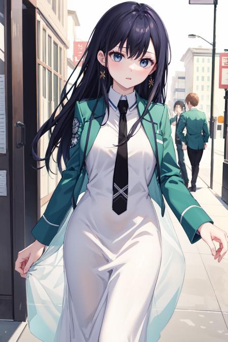 <lora:ç´°ç¯-ç¹éåº¦:0.5>,masterpiece,best quality,highres,ultra-detailed,1girl,standing,magic_high_school_uniform,green jacket,white dress,black necktie,<lora:magic_high_school_uniform-01:0.7>,