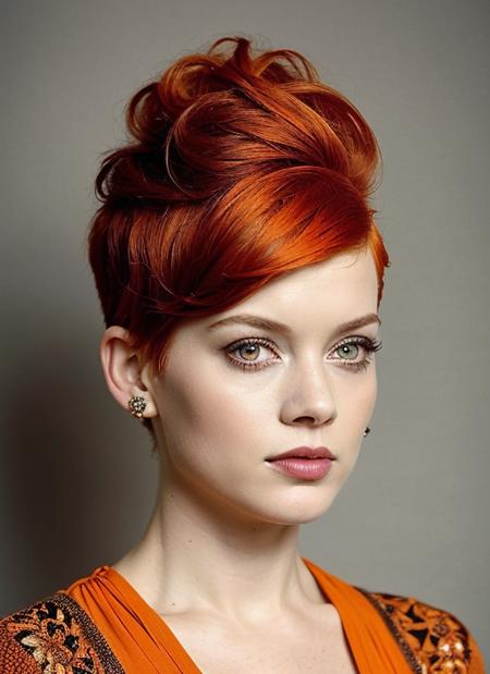 portrait of sks woman by Flora Borsi, style by Flora Borsi, bold, bright colours, orange Mohawk haircut, ((Flora Borsi)), <lora:locon_janelevy_v1_from_v1_64_32:1>