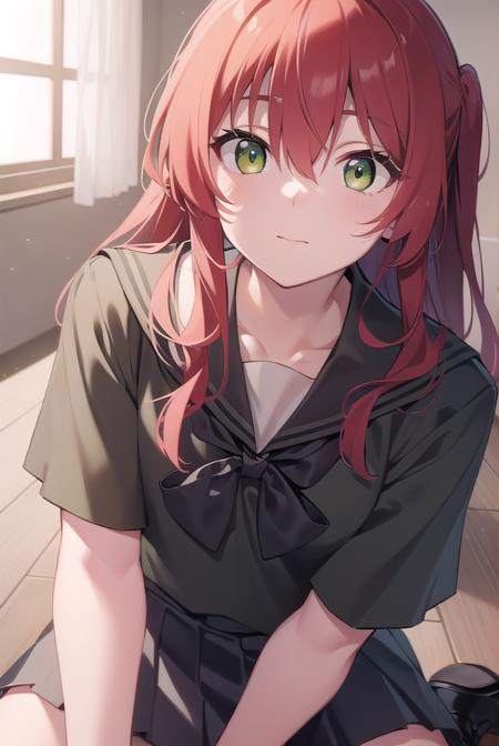 kitaikuyo, <lora:ikuyokitatest:1>, ikuyo kita, (green eyes:1.5), hair between eyes, long hair, one side up, red hair, (flat chest:1.2),
BREAK black footwear, black skirt, grey sailor collar, pleated skirt, sailor collar, school uniform, shoes, short sleeves, shuka high school uniform, skirt,,
BREAK looking at viewer,
BREAK indoors, classroom,
BREAK <lora:GoodHands-vanilla:1>, (masterpiece:1.2), best quality, high resolution, unity 8k wallpaper, (illustration:0.8), (beautiful detailed eyes:1.6), extremely detailed face, perfect lighting, extremely detailed CG, (perfect hands, perfect anatomy),