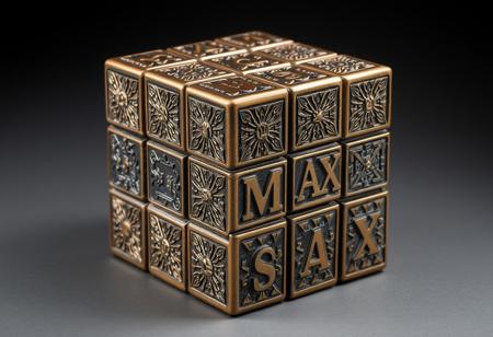A bronze Rubik’s Cube inspired by Picasso’s cubist style, with each face designed with intricate geometric patterns and textures. The cube’s rows feature engraved text: the top row spells ‘MAD’, the middle row says ‘MAX’, and the bottom row displays ‘SAX’ in stylized lettering. The cube should look like a sculptural art piece with a vintage, surreal feel, capturing both the allure of cubism and the polished look of bronze. The background should be minimal to keep the focus on the cube’s artistic detail.”