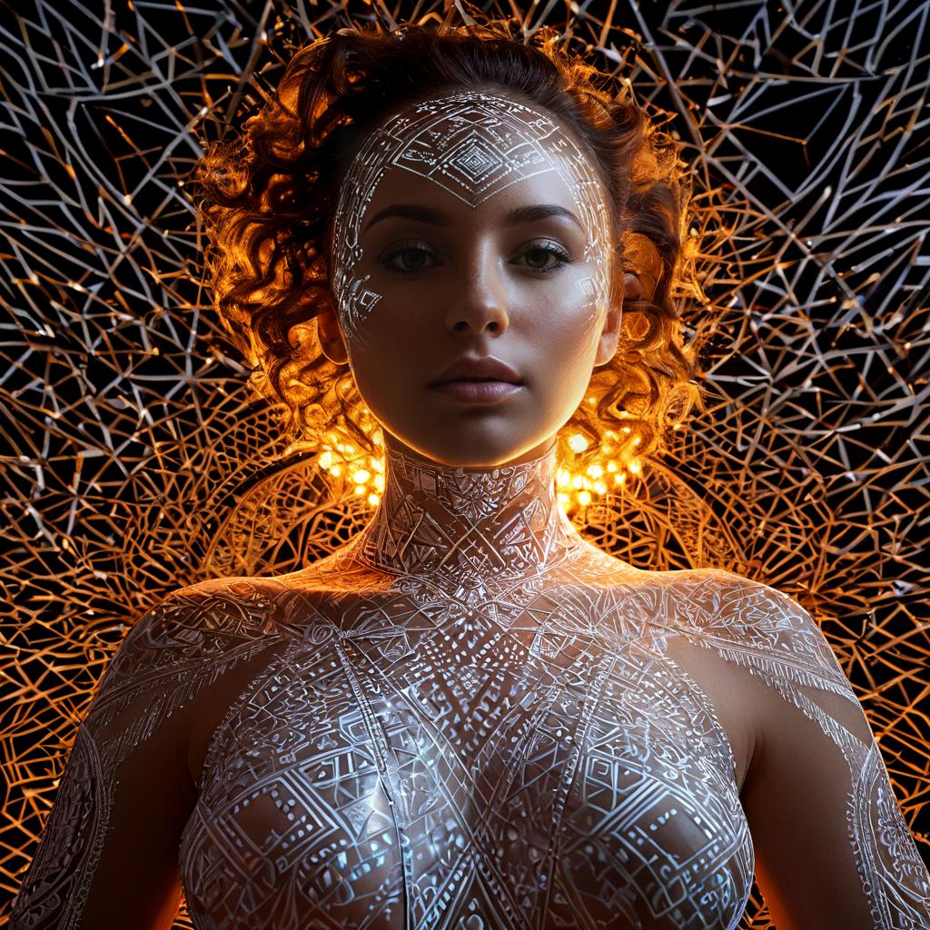 long shot scenic professional photograph of A hyperrealistic portrait of a woman whose body is covered in glowing, geometric patterns, but instead of ink, the patterns are made of pure light, shifting and pulsing with radiant energy. The geometric shapes move across her skin, forming intricate, glowing designs that seem to tell a story. Her eyes are glowing white orbs, filled with the same shifting patterns of light. Her hair has become a flowing mass of glowing, geometric strands that twist and curl into the air like ribbons of light. Behind her, the background is an abstract, glowing world of shifting geometric shapes and floating symbols, constantly rearranging themselves in perfect harmony., perfect viewpoint, highly detailed, wide-angle lens, hyper realistic, with dramatic sky, polarizing filter, natural lighting, vivid colors, everything in sharp focus, HDR, UHD, 64K