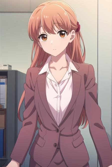 narumi momose, long hair, (brown eyes:1.2), skirt, shirt, jacket, formal, suit, pencil skirt, office lady, skirt suit,