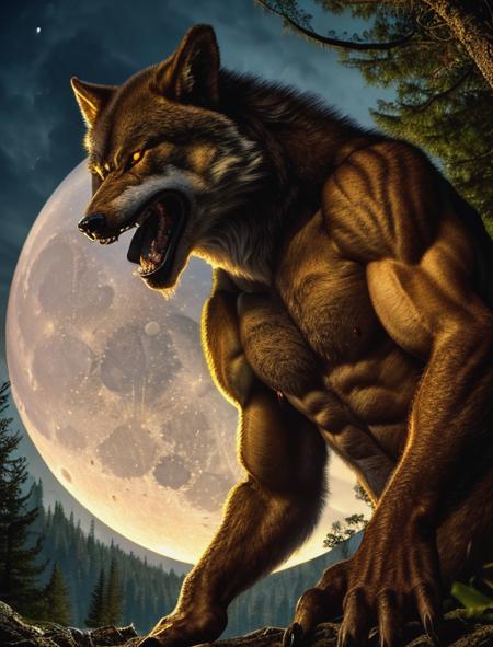 best quality, masterpiece, highres, detailed, realistic, <lora:Detail - add_detail:0.2>, Werewolf, monster,  <lora:Fantasy - Werewolf:0.8>, brown fur, howling, full moon,