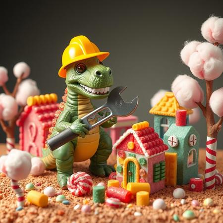 Candy Construction Site: Picture a whimsical construction site where a friendly dinosaur in a hard hat uses a giant wrench to build structures made of colorful candy. The dinosaur carefully assembles houses and buildings from licorice, gummy bricks, and peppermint pillars, surrounded by a landscape of cotton candy trees.