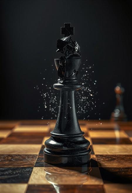 A hand-carved black knight chess piece, set on a polished wooden chessboard under dramatic studio lighting. In a ral-dissolve effect, the top of the knight begins to fragment into jagged shards of black marble and faintly glowing white particles, which scatter into the HDR-lit air. The reflections on the chessboard add realism to the scene, with light bouncing off the glossy surface of the dissolving piece.
 <lora:ral-dissolve-flux_000005000:1>