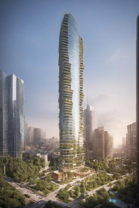 (a modern design skyscraper,  with a large tower and a pool in the middle of it,  surrounded by tall buildings,  futuristic:1.4), 
(Curved highways and viaducts,  streamlined building shapes,  glass curtains,  vertical elevators:1.3),  (building greening:0.8), 
(large file,  super realistic,  perfect,  photograpy,  construction sales photograpy,  Interior design,  super high resolution,  cinematic photography:1.2),  (amazing,  mystery,  Spectacular,  Luxurious,  elegance,  perfect design,  harmonious color:1.1), 
[:(Door details,  Window details,  Railing details,  Staircase details,  Furniture details,  Appliance details,  Vehicle details,  Leaf details,  Stone texture,  Wood texture,  Marble texture,  Cement texture,  metal texture,  glass texture:0.4):0.85], 
(blurred background:1.4), 
[(background,  more_details:0.3),  (more_details:0.6),  (more_details:0.8), 
(more_details:1.2):0.65], aw0k illuminate, vertical,<lora:EMS-59651-EMS:0.400000>,<lora:EMS-260919-EMS:1.200000>