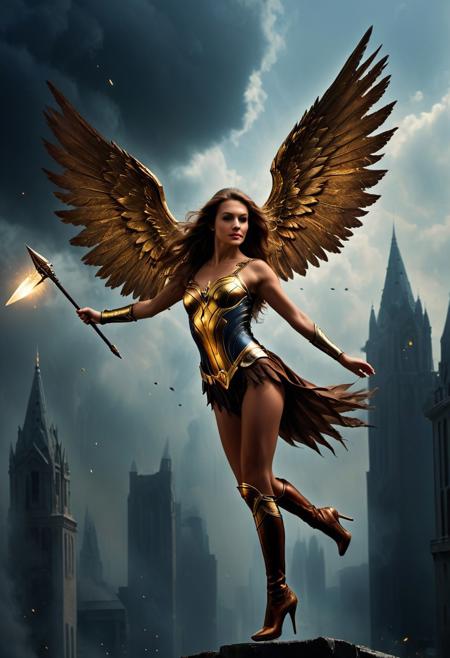 score_9, score_8_up, score_7_up, 1girl flying in a superman pose, archangel, tanned skin, brown long hair, ((Huge brown wings)), (feathered wings), stiletto heels high boots, golden armour, black roses, (sparks:0.3), holding (((Longinus spear))) photography, cinematic, bokeh, dark background, front view from below, (dynamic pose, action:0.8), science fiction background, cloud city
<lora:StarkElemental01-00_CE_SDXL_128OT:0.8>