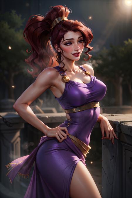 1girl, beautiful megara dancing, bare shoulders, long purple dress, ancinet greece square, smile, blush, sunlight, particles, steam, volumetric lighting, best quality, masterpiece, realistic  <lora:sxz-megara-allnew:0.8>