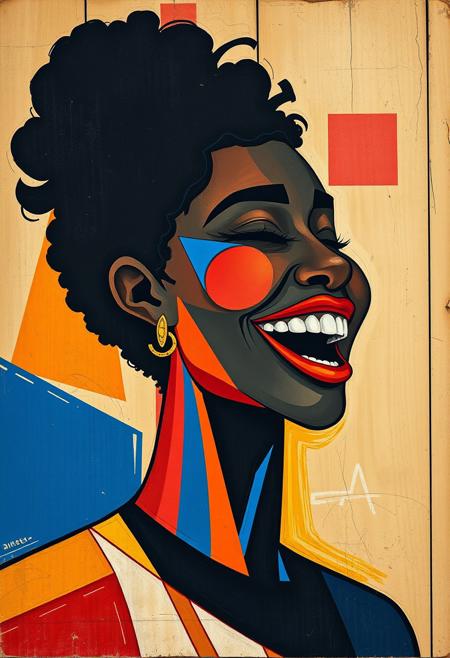 CubismStrokes, depict an afrofuturist black girl laughing, painted in a Cubist style, on a vintage wood panel background, in the style of microphotography, Use angular lines, fragmented forms, and overlapping perspectives to create a sense of movement and rhythm. Incorporate bold colors like reds, blues, and yellows to give the piece energy, reminiscent of works by Lyubov Popova