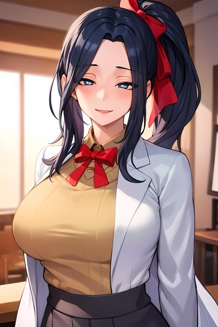 masterpiece, (best quality), 1woman,1girl , marismt, dark blue hair, dark blue brown eyes,ribbon, ponytail, bow, white labcoat, pencil skirt, yellow sweater,  (mature) female,   large breasts, sexy woman,   happy,  adult,  divine ,elegant, vibrant colors ,natural lighting  ,RTX,  beautiful, (detailed face:1.2), showcase, (perfect eyes:1.1) , (perfect pupils),  8k uhd,  looking at viewer,  indoors,  simple backround,