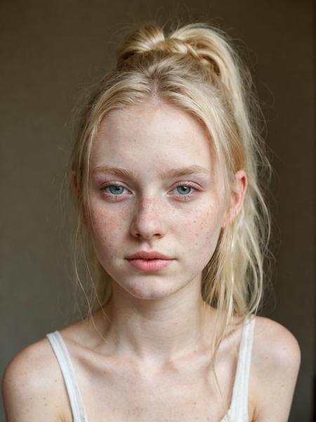 portrait of a pale 18 year old blonde model named Marie with bright eyes, summer dress, no makeup, natural, freckles, beauty spots, submissive expression, hard shadows, soft lighting, sharp focus, skin details
