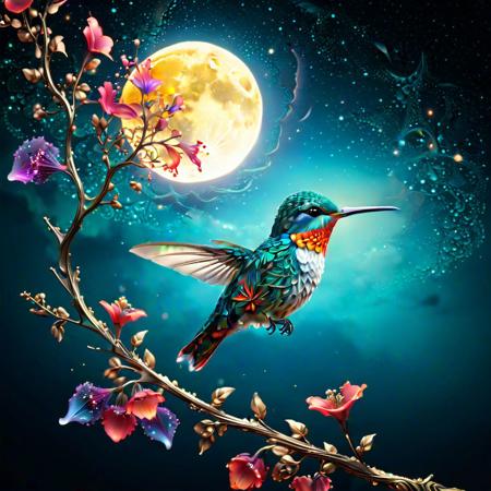 "Fractal Filigree: colourful humming bird standing on a branch, made of crystal on bioluminescent glow starry skies night, Large moon. soft lighting, sharp focus, paint drops, smooth edges, trending on artstation, studio photo, intricate details, highly detailed", "abstract vector fractal, wave function, Zentangle, 3d shading"