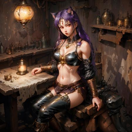 masterpiece, best quality,1girl,   <lora:unstabledreamX:0.7>   a woman sitting on a chair next to a lamp and a statue of a cat and a bear on a table, 1girl, barrel, black_pants, boots, breasts, brown_footwear, cleavage, facial_mark, forehead_mark, full_body, gem, jewelry, knee_boots, lantern, large_breasts, long_hair, looking_at_viewer, midriff, navel, necklace, open_mouth, pants, purple_hair, red_eyes, sitting, solo, transparent_background, treasure_chest