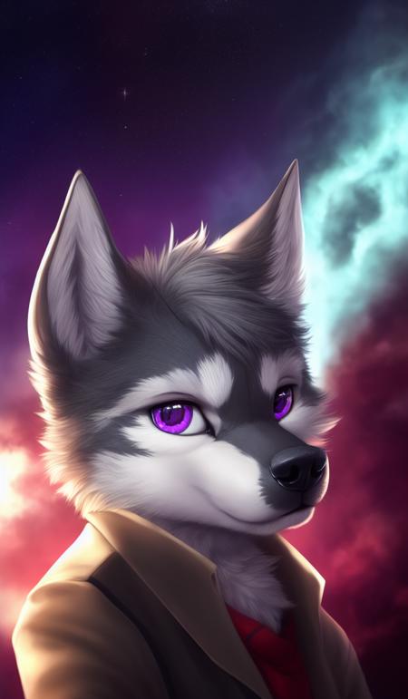 , mammal, solo, fur, anthro, purple eyes, digital media (artwork), looking at viewer, grey fur, detailed, whiskers, detailed fur, grey body, white fur, star, hi res, hair, wolf, white body