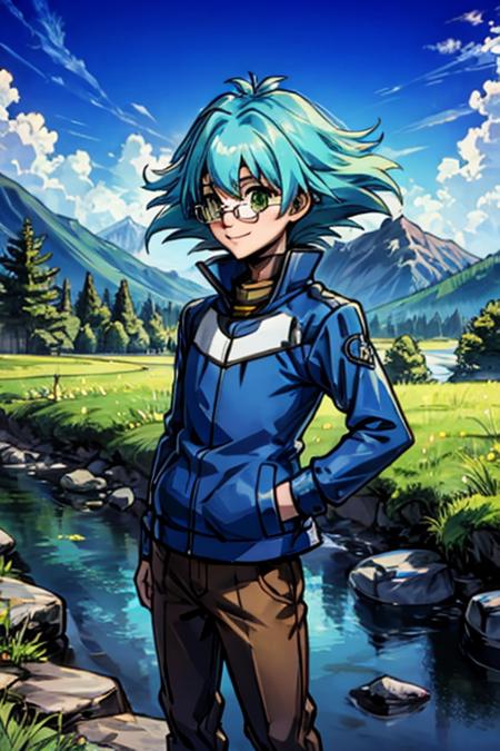 1boy, child, marufujisho, blue hair, short hair, bangs, green eyes, circular glasses, blue jacket, pants, smile, standing, mountain, river <lora:marufuji_sho:1>