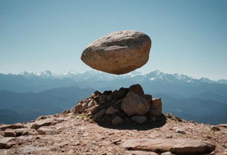 leica m3, 35mm Voigtlander lens, Portra 160/400, sideview photo of a levitated rock floating in the air seperate from the base, very high contrast, bright natural  sunlight, mountain background