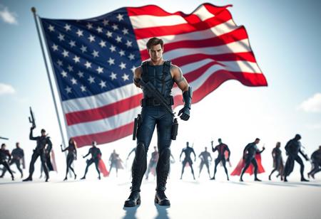 A muscular brown-haired Daredevil in blue/black tactical gear stands confidently on a stark white surface, gun in hand, hand on hip. A large American flag dramatically unfurls behind him. In the background, diverse Daredevil figures in dynamic poses. High-res 4K cinematic lighting, dynamic action pose, impeccable composition. Octane Render, Unreal Engine 5, Raphael Style influence. Trending on Artstation, CGSociety.