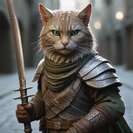 highly detailed analog photo of tabaxi, 

solo, green eyes, holding weapon, sword, scarf, armor, gauntlets, looking at viewer, blurry, blurry background, realistic:1.3, medieval alley,


masterpiece, best quality:1.1, 

depth of field:1.1, 
(analog photography:1.2),


