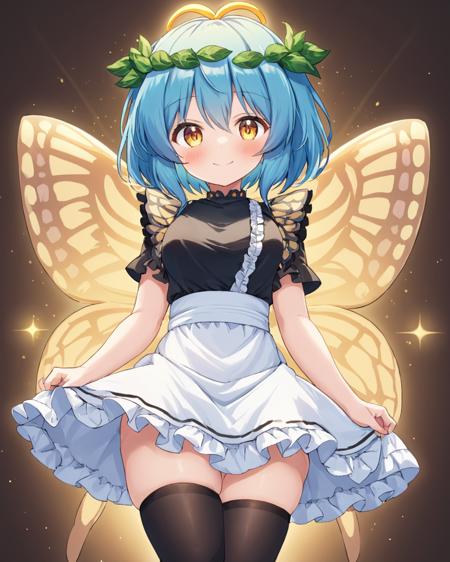 eternity larva,1girl, solo, butterfly_wings, leaf_on_head, smile, fairy, antennae, black_thighhighs, closed_mouth, enmaided, maid_headdress, multicolored_dress, blush, lifted_by_self, adapted_costume, black_dress, looking_at_viewer, white_apron, waist_apron, frills, dress_lift
<lora:eternity_larva_image1690_2023-12-20:1>,star-shaped_pupils,symbol-shaped_pupils,. gorgeous,key visual, vibrant, studio anime,award-winning, professional, highly detailed,high budget, cinemascope