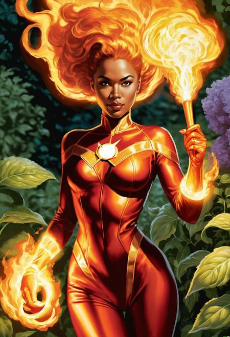 (art definition The powers of The Human Torch-The Human Torch Woman: The Fantastic Four Style:0.9), with the same fire and flying powers of Johnny Storm (artist design by Marvel Universe:1.1), (kind young lightskin biracial feminine woman as lowly prostitute, character maiden of light, magical prowess, glowing auras, pristine skin, detailed bright pupils, supple body:1.4), (in a garden with her girlfriends:1.5), (change pose each iteration:2)