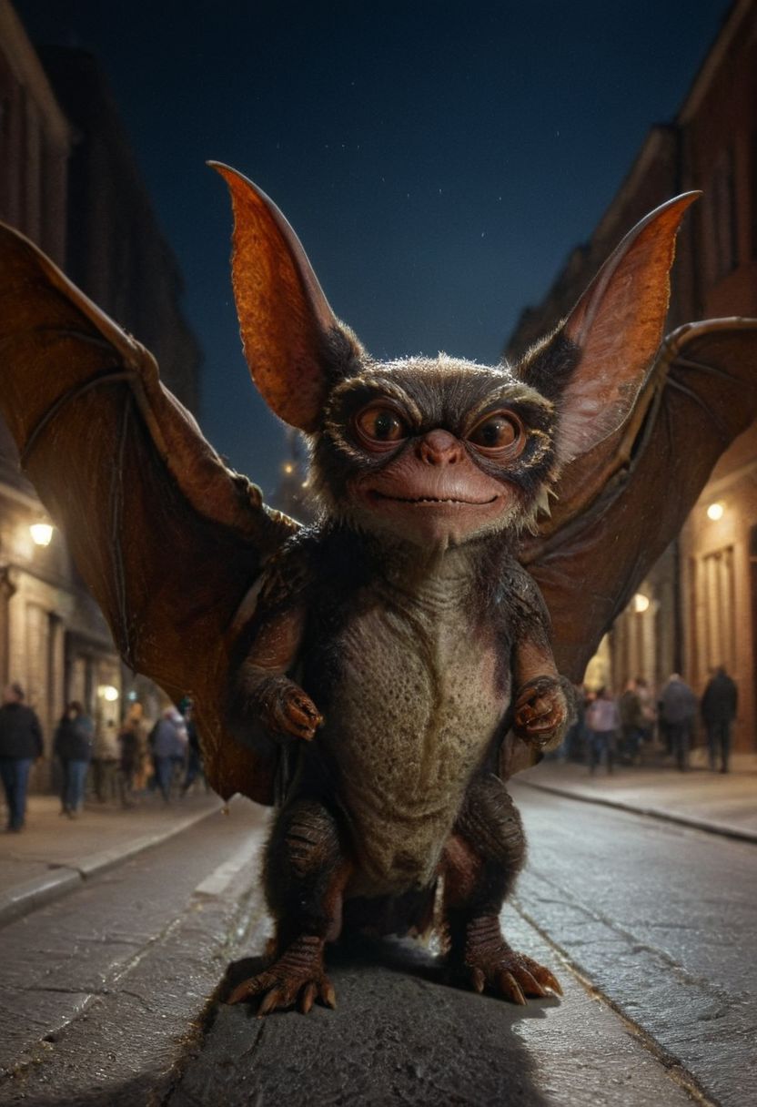 (Xbatx:1.3), Xgremlinx,  Big wings of bat,  amazing quality, masterpiece, best quality, hyper detailed, ultra detailed, UHD, perfect anatomy, portrait, hyper-realism, majestic, awesome, inspiring, - portrait in night city street ,  cinematic composition, soft shadows, national geographic style,