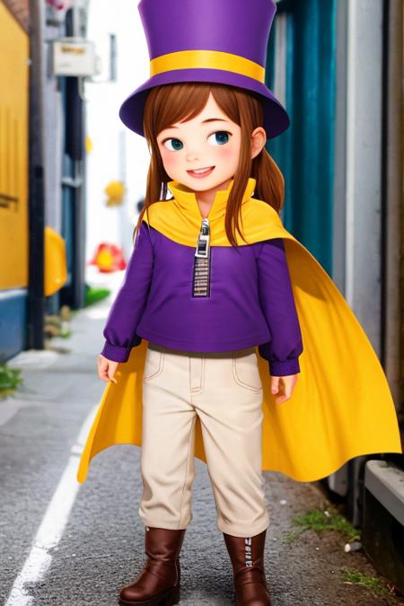 1girl, hatkid, child, brown hair, medium hair, blue eyes, top hat, yellow cape, purple jacket, zipper, beige pants, boots, smile, standing, alley <lora:hatkid:1>