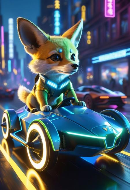 Amidst the towering skyscrapers and flickering glowneon signs of a retropunk metropolis, a fearless Fennec fox takes to the streets in his futuristic hover car, leaving a trail of light and color in his wake. With fur adorned in shimmering patterns of electric blue and neon green, he speeds through the urban landscape with reckless abandon, his heart racing with the thrill of the chase. With the wind in his fur and the pulse of the city beneath his wheels, he is the embodiment of speed and style, a neon-lit legend in the retropunk racing scene with charm, sparks, blue, white, yellow