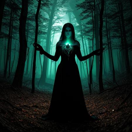 In the depths of a desolate forest, under the pall of an eerie moonlight, stands a figure cloaked in emerald flames. The flames twist and writhe, coalescing into the silhouette of a woman, yet there's a distinct lack of humanity in her form. 
Her eyes, twin orbs of blazing green, pierce through the darkness with an otherworldly glow, devoid of warmth or compassion. Each movement she makes sends ripples of emerald fire cascading down her body, casting ghastly shadows that dance across the trees like specters of dread.
Her skin, if it can be called that, is a shifting mosaic of swirling flames, casting eerie reflections of her surroundings. The flames flicker and flare, revealing hints of skeletal structure beneath, as if her very essence is consumed by the relentless inferno that births her form.
As she moves, a sinister symphony of crackling flames fills the air, drowning out the natural sounds of the forest with its haunting melody. Branches wither and blacken in her wake, leaves curling and crumbling to ash at her feet.
Yet, despite her ethereal nature, there's a palpable sense of malevolence emanating from her being, a primal instinct that warns any who dare to gaze upon her twisted visage that they stand on the precipice of unspeakable terror.