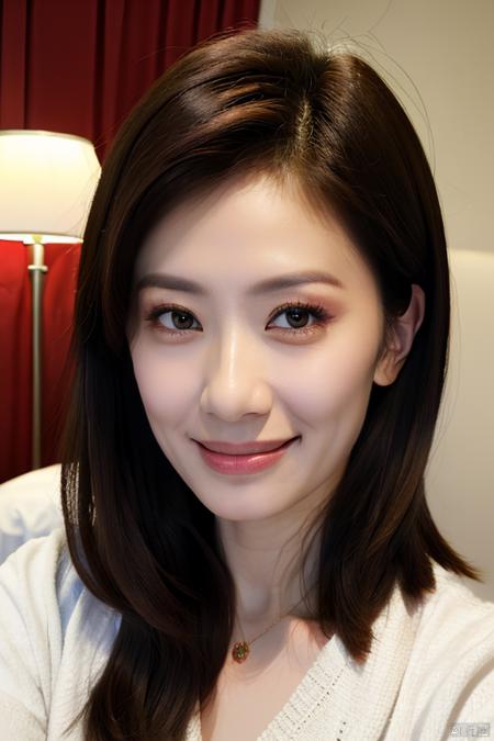 PHOTOREALISTIC REALISTIC, masterpiece, best quality, highres, ultra detailed, 8k, 1woman, hotel room, looking at viewer, strobe light, make up,  jiajingwen, smile,<lora:EMS-267424-EMS:0.600000>