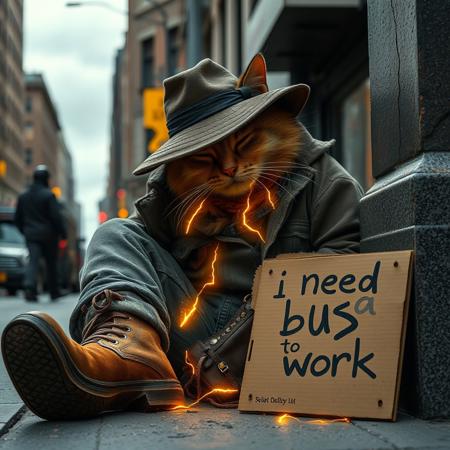 Ultra realistic. city like new york, a vagabond cat, with old dirty clothes, ripped boots, sleeping on a city street, with an old dirty hat over his face, many small golden lightning bolt glowing falling out of his pants pockets, a carboard sign with the text "i need buz to work"