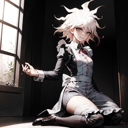 komaeda_nagito,  1girl, masterpiece, best quality, (slim), small breasts, sweating, ((maid uniform)), lace, smiling, kneeling on the floor, lavish room background, roses, beautiful decorations ,sunlight through windows