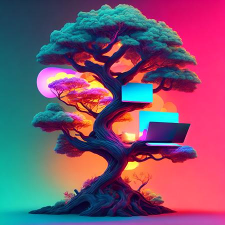 (neontreehouse style:1) a stylized image of a tree with a computer on top of it <lora:djzNeonTreehouseV21_LoraBooth:1>