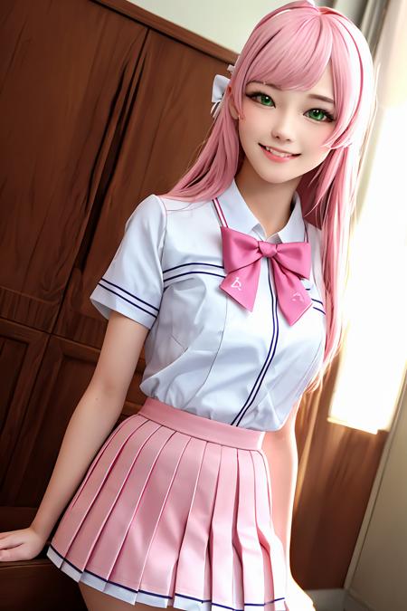 high quality fingers, normal hands, detailed fingers, masterpiece, (realistic, photo-realistic:1.37), (21 years old woman), small waist, beautiful face, perfect illumination, beautiful detailed eyes, looking at viewer, stunningly beautiful woman, detailed hairstyle, detailed background,
<lora:Hanako_Blue_Archive_V1e9:0.8>, hanako, ahoge, blue sailor collar, double-parted bangs, green eyes, hair bow, pink bow, pink hair, pink halo, pleated skirt, school uniform, short sleeves, single braid, very long hair, white bow, white serafuku, white skirt, smile, cowboy shot