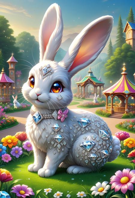 rating :safe, rating:pg,high quality,masterpiece,high quality,masterpiece,absurd resolution,radiant color,colorful,diamondMW,made of diamond,animal,rabbit,outdoor,fantasy flower park