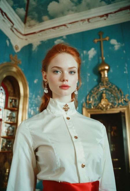 An image of a cute girl in liminal soviet room, girl ,analog photo, full body, in camera frame, mia cole, pale skin, tall height, against the background of the Russian Orthodox Church, blue sky, sunny day, epic clouds, (oil on canvas:0.1), nicola samori, art by Jeremy Mann, god rays, dramatic light, <lora:ClassipeintXL2.0:0.35> <lora:NicolaSamori_2:0.2>   long bob-cut hair, shiny oiled skin, pale skin, jennifer connely, red hair slightly curly hair, (extra Large breasts), pale white skin, shiny oiled skin, pale skin,   realistic eye and face details), hyperrealism, very slim, fit body, bright face, blue eyes, choker, make-up, earrings, near the soviet kitchen, strict stockings, red lingerie
Brightly Lit, Highly Visible, realistic colors,
Analog Style,Kodak Max 400 Film,
20mm f/1.8 lens,Wide Angle Shot.,
Symmetrical Composition,
Whimsical yet Numb.,
Quirky Character Designs, liminal room
Dollhouse Aesthetics, dark background,<lora:spotlight:0.1>, silhouette, spotlight,