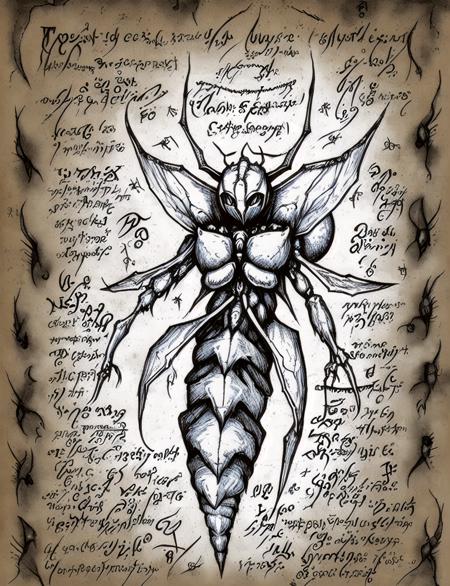 (PLAIN WHITE BACKGROUND), detailed illustration,closeup (hornet), blueprint, necronomicon, scribbled,handwritten text, <lora:Necronomicon-10:0.7>