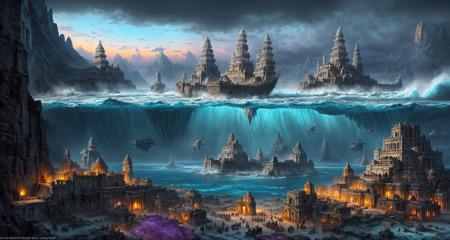 ancient Action Painting of a The Forgotten Civilization: In the heart of the ocean lies a city frozen in time, untouched by the passage of centuries. Describe the moment when modern-day explorers stumble upon this forgotten civilization and the challenges they face in unraveling its secrets. by Alex Grey, highly detailed, Moody Light, colorful, 4k