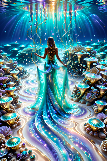 A surreal underwater realm where coral castles drip with glowing pearlescent syrup,jellyfish float like silk lanterns above a pearly sand floor,and luminous mermaids paint ocean currents with swirling trails of light and flowing pigments,magical realism,photoreal style,intricate lighting,A magnificent goddess stands in crystal clear water by flowing rivers of iridescent liquid pearl,Her long hair fluttered in the bright water,the swirling currents reflecting shimmering silver glow,
lavender,and soft gold,the entire scene glowing with divine radiance and surreal mysticism,photorealistic,ultra-high detail,ethereal light,
made of l1qu1dp34rl,pearlescent,flowing through bioluminescent coral reefs,iridescent bubbles rising in turquoise water,hyper-realistic translucency,pearlescent,
Masterpiece,best quality,hi res,8k,hi res,8k,award winning,(sharp focus, intricate, highly detailed),<lora:SDXLFaeTastic2400:0.4>,<lora:liquidpearlXL_r1:1>,<lora:TrendCraft_The_Peoples_Style_Detailer-v2.1A-3_12_2025-SDXL:0.8>