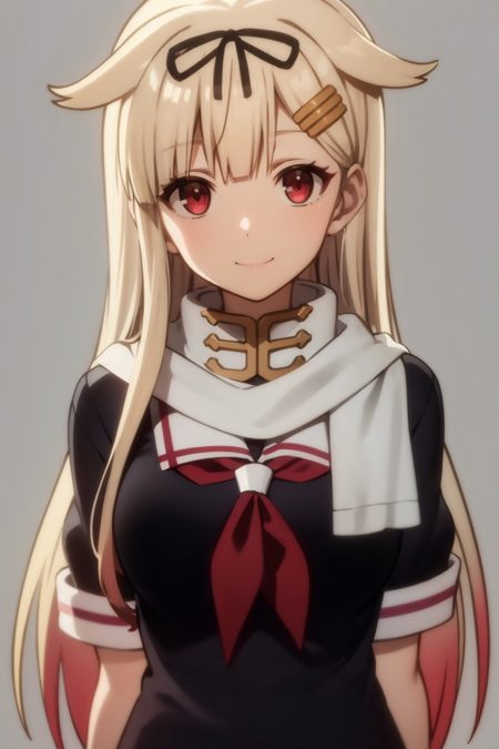 1girl, yuudachi, blonde hair, long hair, straight hair, hair ribbon, bangs, green eyes 1girl, yuudachikaini, blonde hair, gradient hair, hair flaps, long hair, hair ribbon, hairclip, red eyes