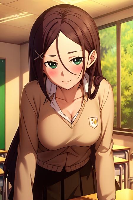 classroom, school uniform, , skirt, multiple girls, long hair, smile, desk,, 2girls, indoors, pleated skirt, , looking at viewer, solo focus, , school desk, breasts, closed mouth, bangs, collarbone, chalkboard, window, chair, blush, leaning forward,
 green eyes, 
 <lora:misumi8-000009:0.6>