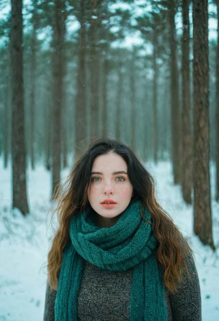 A portrait of a girl, wavy hair, black hair, ocean green eyes, standing in a forest in winter, warm clothes, scarf, beanie, condensed breath, parted lips, looking at viewer, snow flakes,, freckles, pale skin, realistic, photo, golden hour, cinematic lighting, celluloid film skintone color style, earthy colors, blue colors