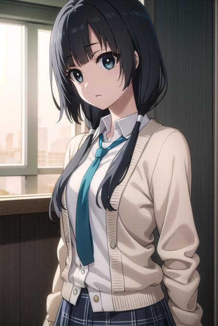 ema yasuhara, long hair, black hair, twintails, (black eyes:1.3), low twintails, skirt, school uniform, necktie, cardigan, shirt, grey shirt, black skirt, yellow cardigan,