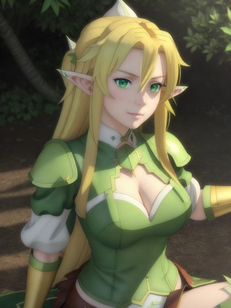 masterpiece, best quality, octane render, LeafaALO, blonde hair, green leather armor, long hair, detailed eyes, pretty face, <lora:SAO50RS:0.7>, <lora:MBHU-TT2FRS:0.3>