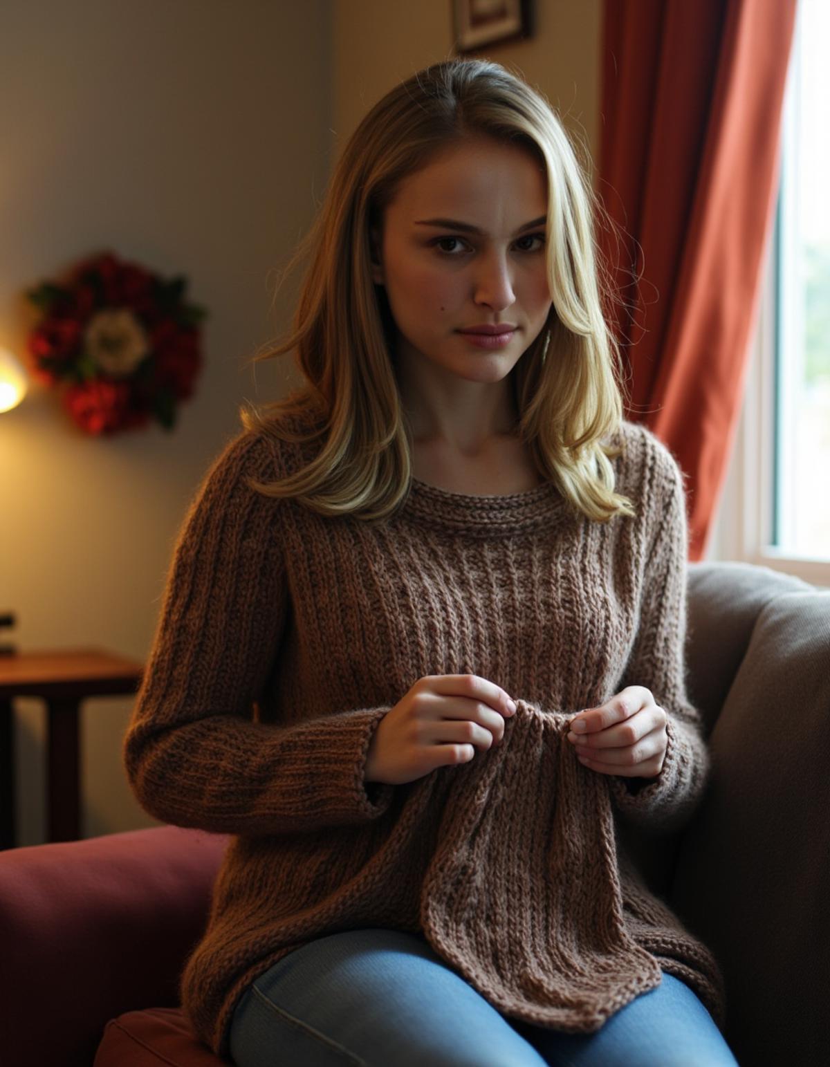 photo of a woman knitting a scarf in a living room