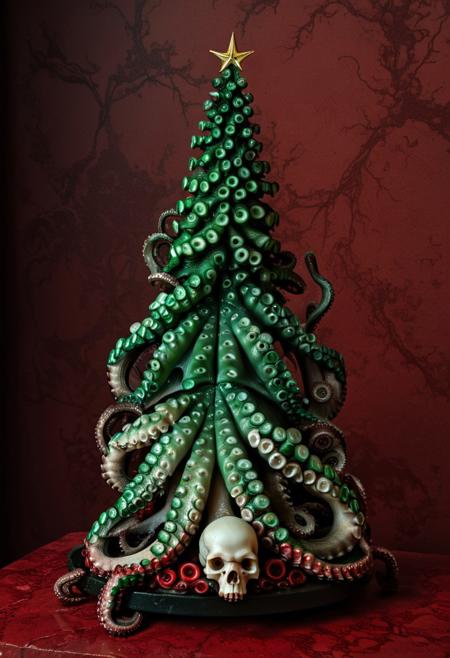 Gothic horror Christmas tree made of human skulls and green curled octopus tentacles for branches. Detailed. Plain red stone background.