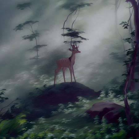 a deer standing on a rock in a forest with trees and fog in the background, with a light shining on the ground<lora:Bambi:1>